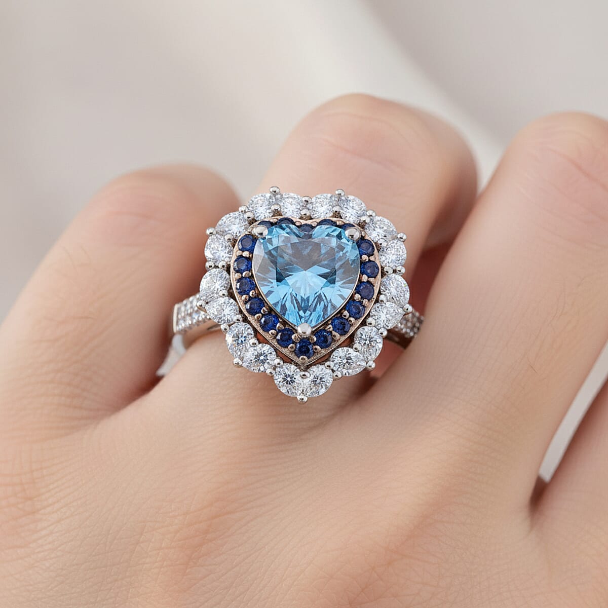 Doorbuster D'Joy Blue and White Moissanite and Blue Sapphire 3.10 ctw Crowned Heart Glow Ring in Rhodium Over Sterling Silver (Size 8.0) image number 2