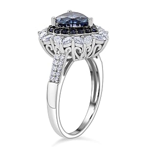 Doorbuster D'Joy Blue and White Moissanite and Blue Sapphire 3.10 ctw Crowned Heart Glow Ring in Rhodium Over Sterling Silver (Size 8.0)