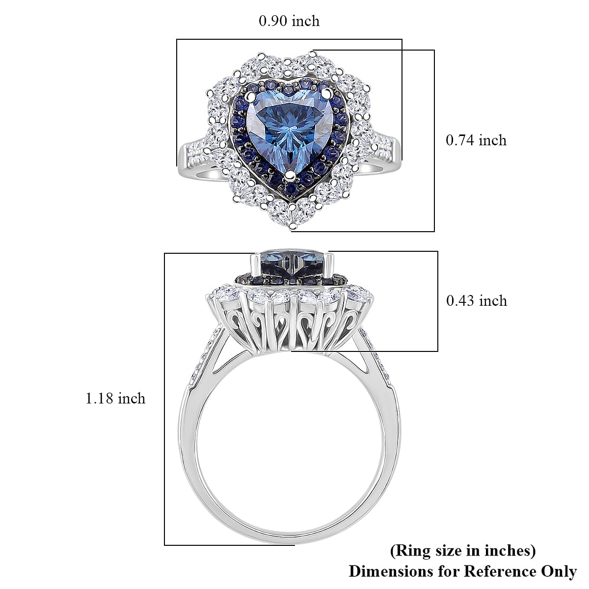 Doorbuster D'Joy Blue and White Moissanite and Blue Sapphire 3.10 ctw Crowned Heart Glow Ring in Rhodium Over Sterling Silver (Size 8.0) image number 5