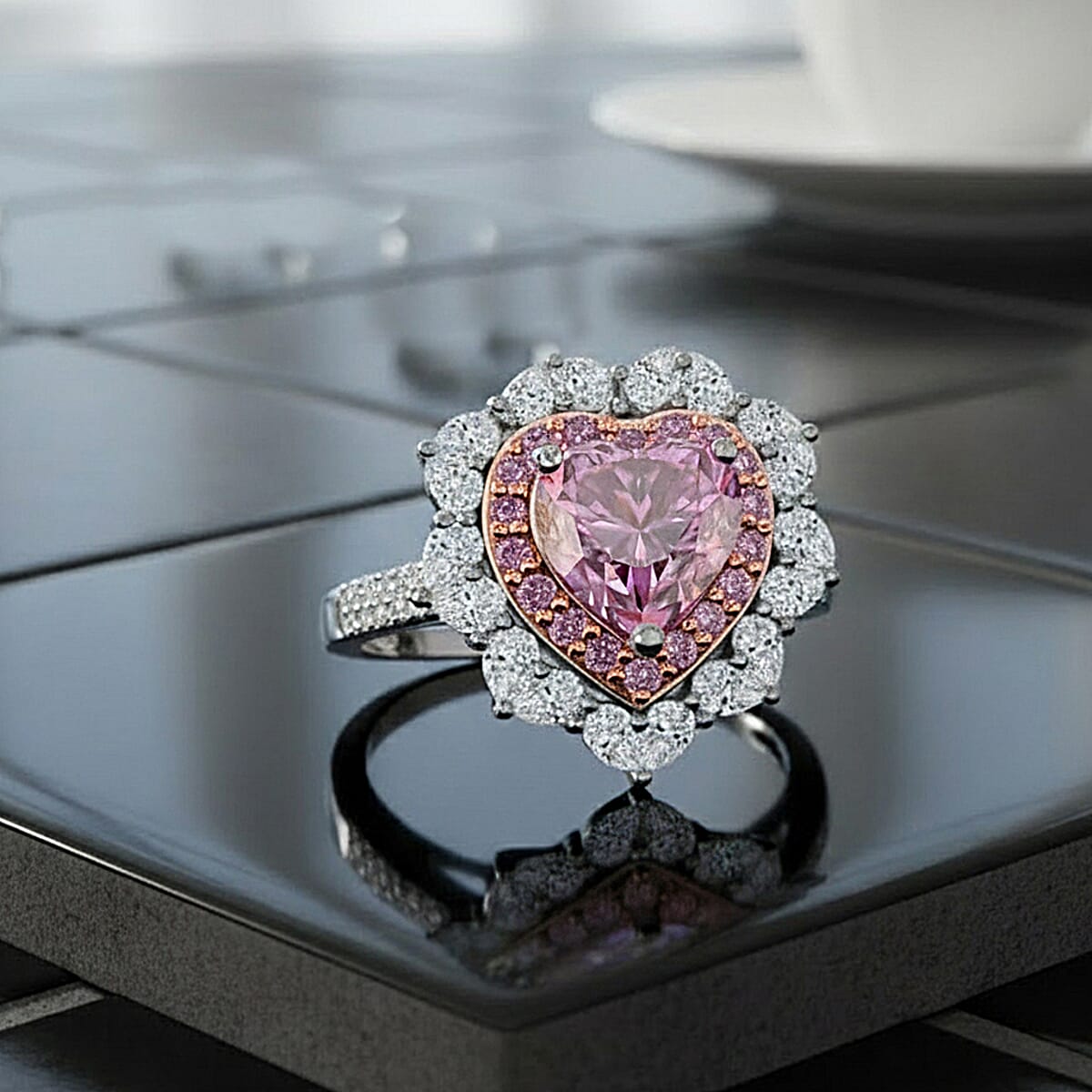  D'Joy Pink and White Moissanite and Pink Sapphire 3.15 ctw Crowned Heart Glow Ring in 18K Vermeil RG and Rhodium Over Sterling Silver (Size 10.0) image number 1