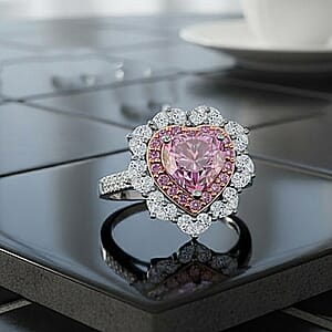  D'Joy Pink and White Moissanite and Pink Sapphire 3.15 ctw Crowned Heart Glow Ring in 18K Vermeil RG and Rhodium Over Sterling Silver (Size 10.0)