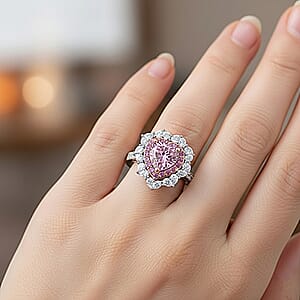  D'Joy Pink and White Moissanite and Pink Sapphire 3.15 ctw Crowned Heart Glow Ring in 18K Vermeil RG and Rhodium Over Sterling Silver (Size 10.0)