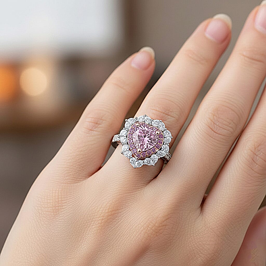  D'Joy Pink and White Moissanite and Pink Sapphire 3.15 ctw Crowned Heart Glow Ring in 18K Vermeil RG and Rhodium Over Sterling Silver (Size 7.0)