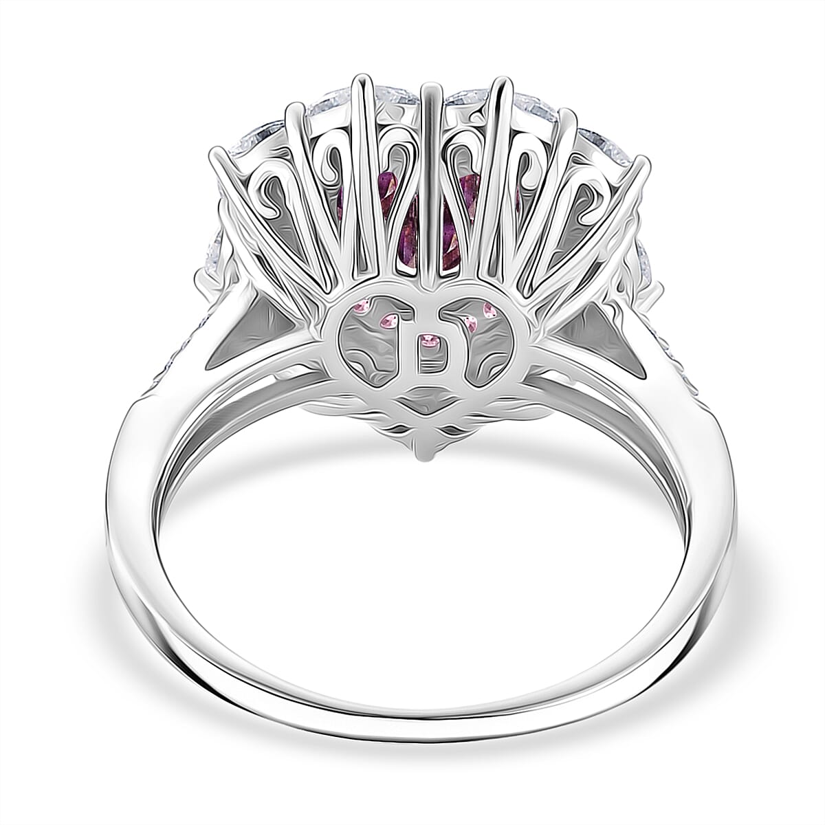  D'Joy Pink and White Moissanite and Pink Sapphire 3.15 ctw Crowned Heart Glow Ring in 18K Vermeil RG and Rhodium Over Sterling Silver (Size 7.0)