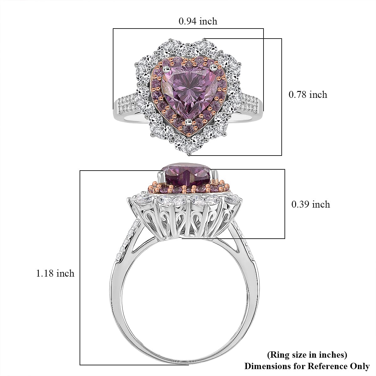  D'Joy Pink and White Moissanite and Pink Sapphire 3.15 ctw Crowned Heart Glow Ring in 18K Vermeil RG and Rhodium Over Sterling Silver (Size 7.0)