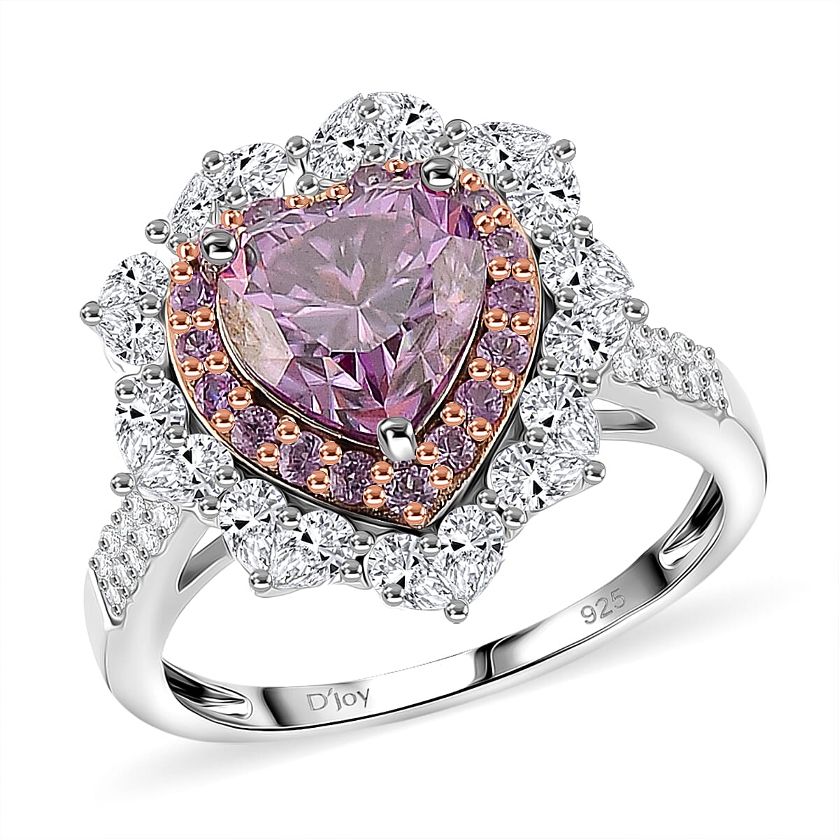 Doorbuster D'Joy Pink and White Moissanite and Pink Sapphire 3.15 ctw Crowned Heart Glow Ring in 18K Vermeil RG and Rhodium Over Sterling Silver (Size 8.0) image number 0