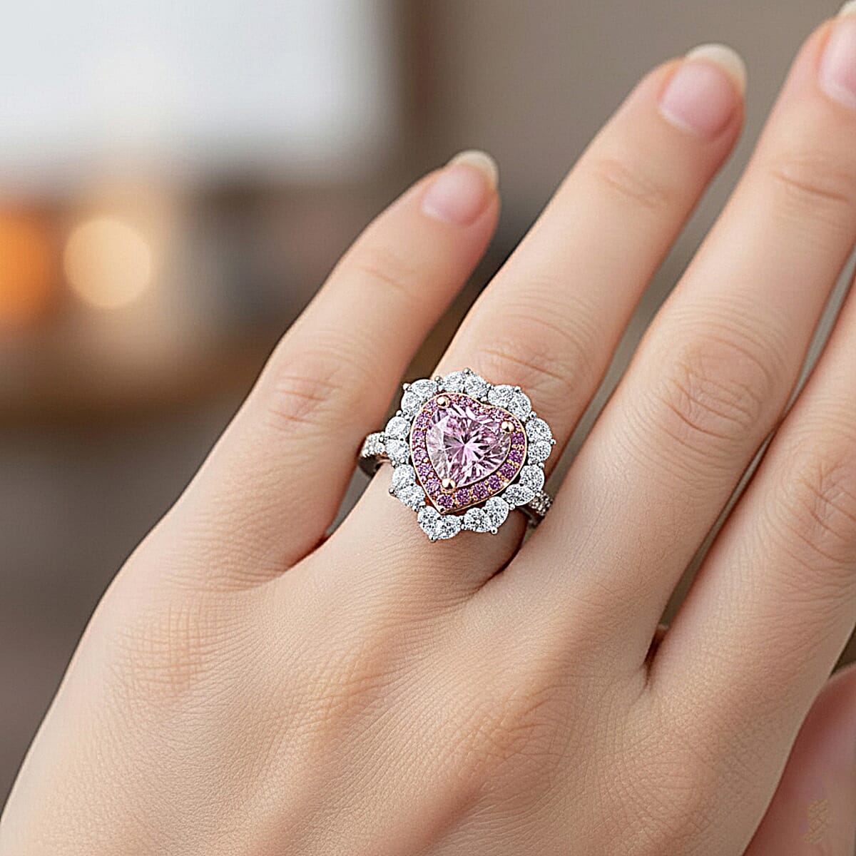 Doorbuster D'Joy Pink and White Moissanite and Pink Sapphire 3.15 ctw Crowned Heart Glow Ring in 18K Vermeil RG and Rhodium Over Sterling Silver (Size 8.0) image number 2