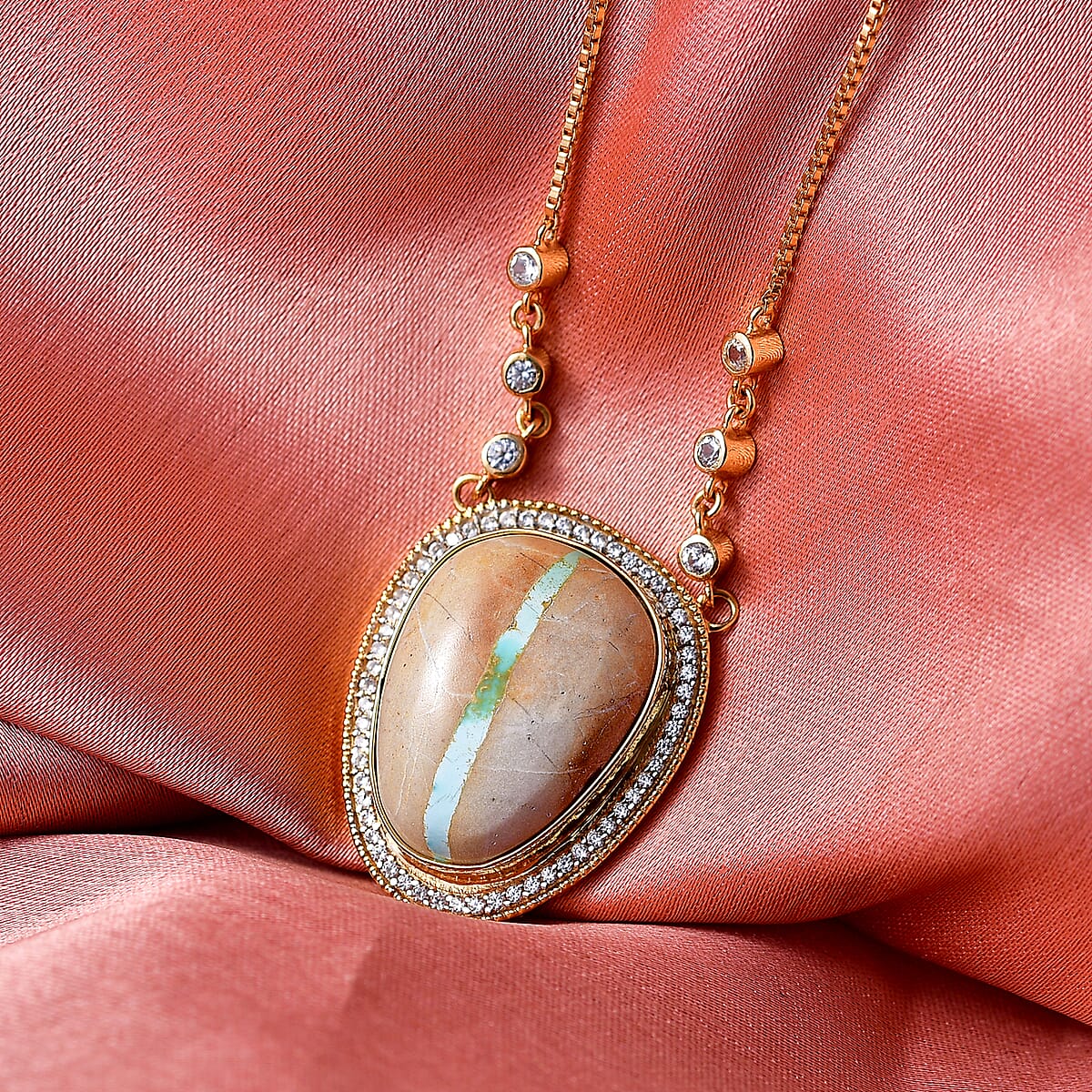 D'Joy Premium Royston Ribbon Turquoise and White Zircon 17.50 ctw Neckalce in 18K Vermeil Yellow Gold Over Sterling Silver 18- 20 Inches image number 1