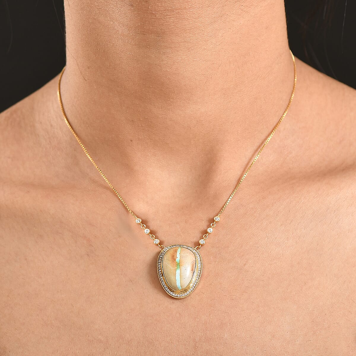 D'Joy Premium Royston Ribbon Turquoise and White Zircon 17.50 ctw Neckalce in 18K Vermeil Yellow Gold Over Sterling Silver 18- 20 Inches image number 2