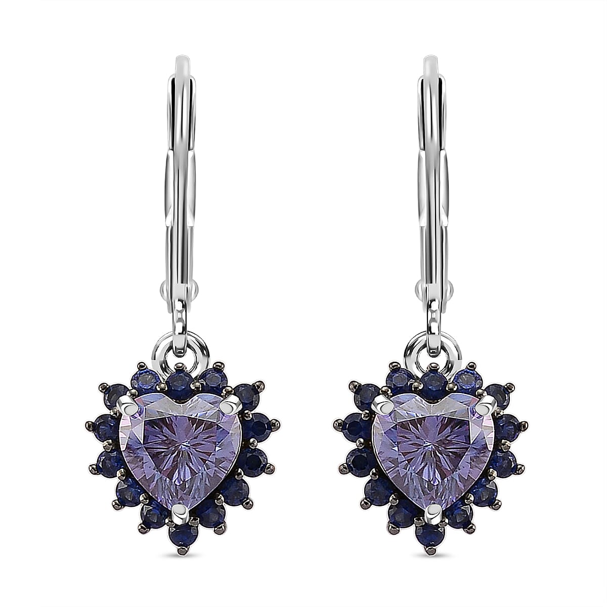 Doorbuster D'Joy Blue Moissanite and Blue Sapphire 2.10 ctw Crowned Heart Glow Earrings in Rhodium Over Sterling Silver image number 0