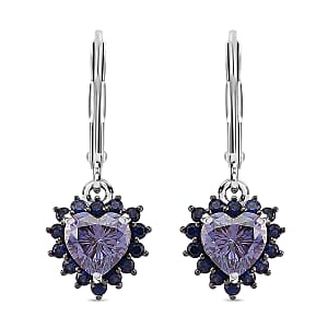 Doorbuster D'Joy Blue Moissanite and Blue Sapphire 2.10 ctw Crowned Heart Glow Earrings in Rhodium Over Sterling Silver