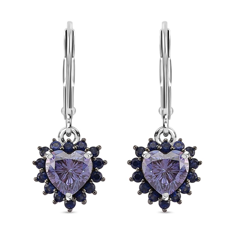 D'Joy Blue Moissanite and Blue Sapphire 2.10 ctw Crowned Heart Glow Earrings in Rhodium Over Sterling Silver