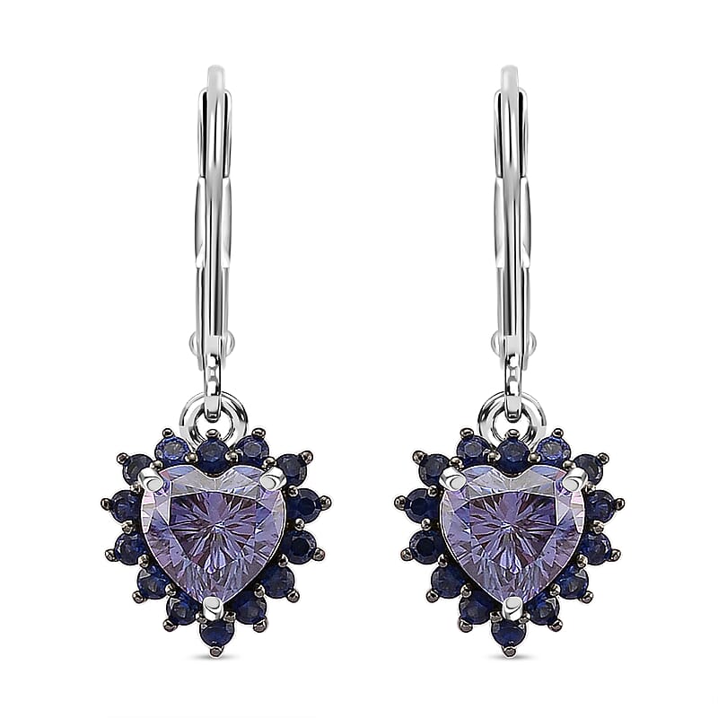 D'Joy Blue Moissanite and Blue Sapphire 2.10 ctw Crowned Heart Glow Earrings in Rhodium Over Sterling Silver