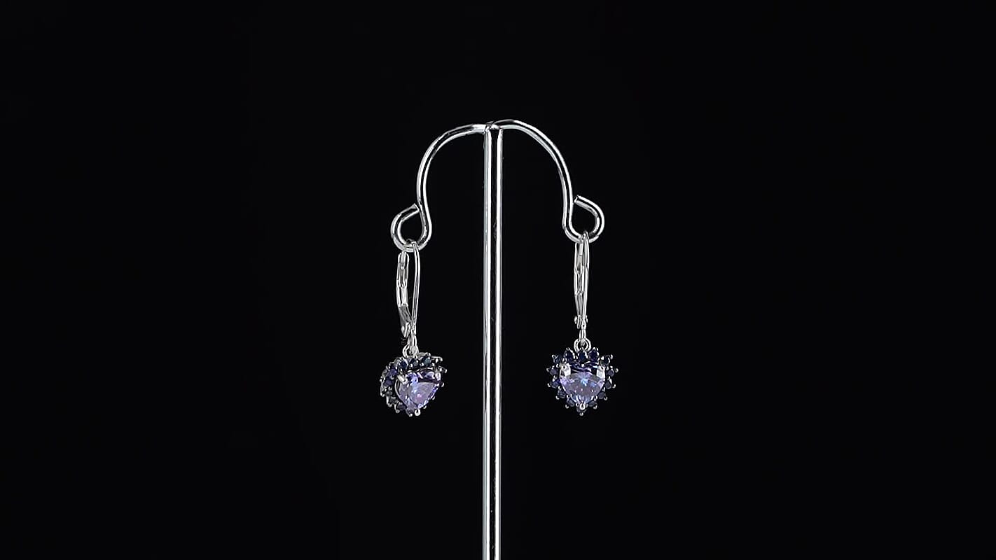 D'Joy Blue Moissanite (Hrt 6mm), Blue Sapphire Heart Earrings in Rhodium Over Sterling Silver 2.10 ctw
