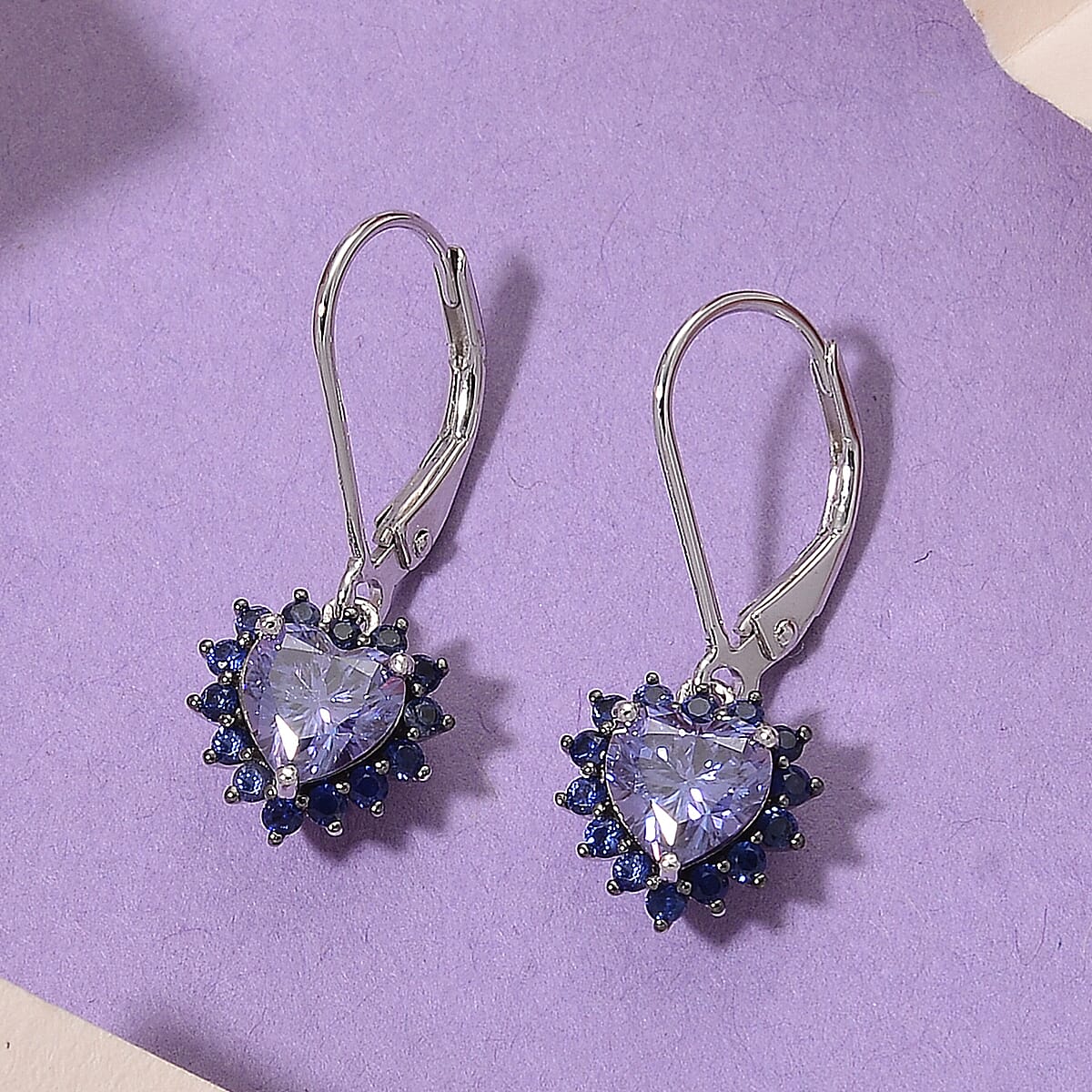 Doorbuster D'Joy Blue Moissanite and Blue Sapphire 2.10 ctw Crowned Heart Glow Earrings in Rhodium Over Sterling Silver image number 1