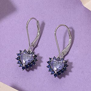 Doorbuster D'Joy Blue Moissanite and Blue Sapphire 2.10 ctw Crowned Heart Glow Earrings in Rhodium Over Sterling Silver