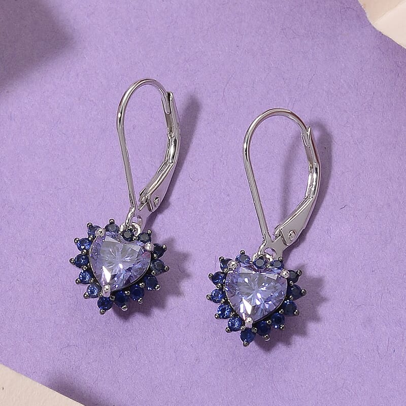 D'Joy Blue Moissanite and Blue Sapphire 2.10 ctw Crowned Heart Glow Earrings in Rhodium Over Sterling Silver