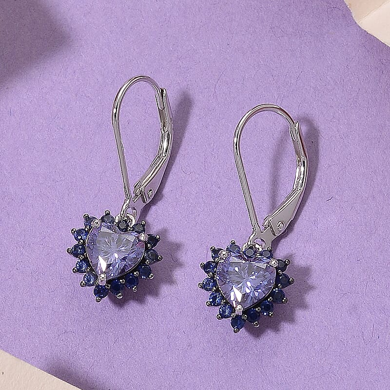 D'Joy Blue Moissanite and Blue Sapphire 2.10 ctw Crowned Heart Glow Earrings in Rhodium Over Sterling Silver