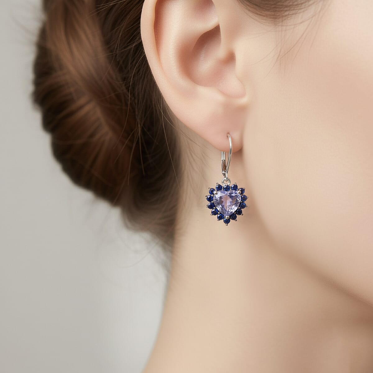 Doorbuster D'Joy Blue Moissanite and Blue Sapphire 2.10 ctw Crowned Heart Glow Earrings in Rhodium Over Sterling Silver image number 2