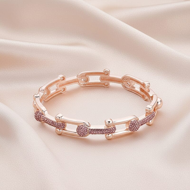 Pink Austrian Crystal Bangle Bracelet in Rosetone (7.50 In)