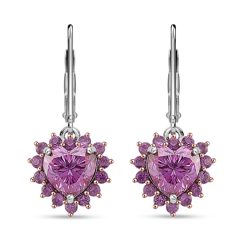  D'Joy Pink Moissanite and Pink Sapphire 2.15 ctw Crowned Heart Glow Earrings in 18K Vermeil RG and Rhodium Over Sterling Silver