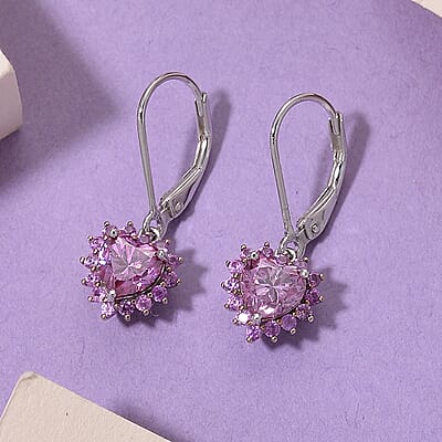  D'Joy Pink Moissanite and Pink Sapphire 2.15 ctw Crowned Heart Glow Earrings in 18K Vermeil RG and Rhodium Over Sterling Silver