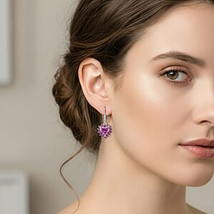 Doorbuster D'Joy Pink Moissanite and Pink Sapphire 2.15 ctw Crowned Heart Glow Earrings in 18K Vermeil RG and Rhodium Over Sterling Silver