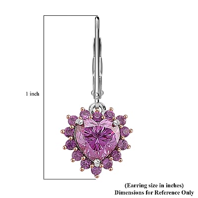  D'Joy Pink Moissanite and Pink Sapphire 2.15 ctw Crowned Heart Glow Earrings in 18K Vermeil RG and Rhodium Over Sterling Silver