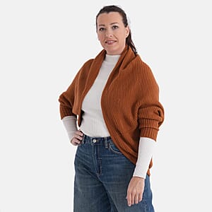 LA MAREY Cognac Floral Embroidered Knit Ruana - One Size Fits Most