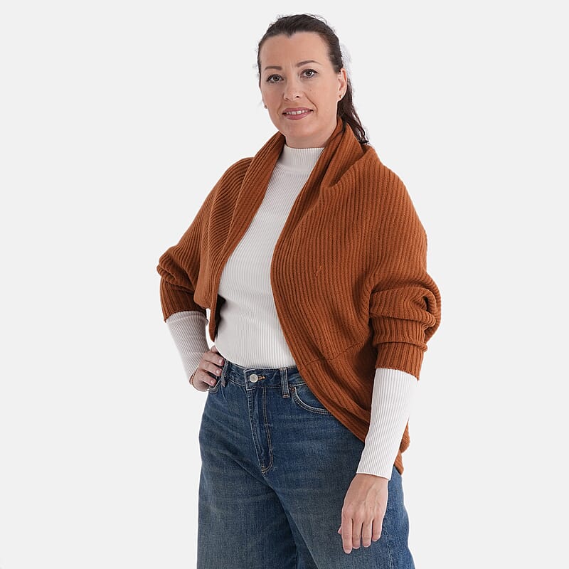 LA MAREY Cognac Floral Embroidered Knit Ruana - One Size Fits Most