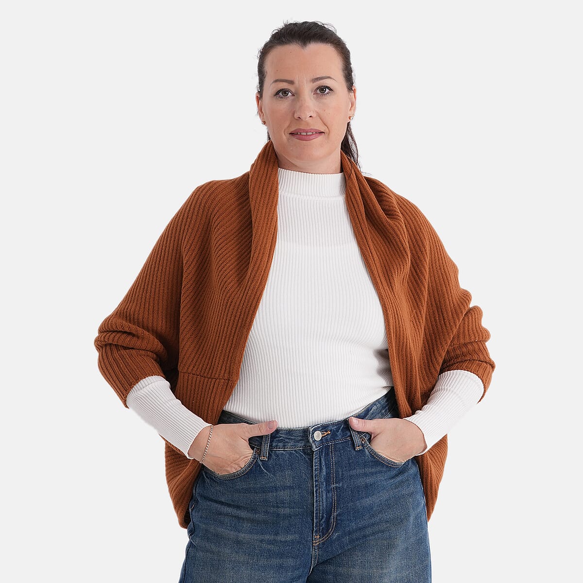 LA MAREY Cognac Floral Embroidered Knit Ruana - One Size Fits Most image number 4