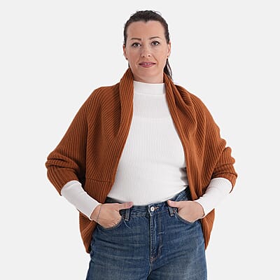 LA MAREY Cognac Floral Embroidered Knit Ruana - One Size Fits Most
