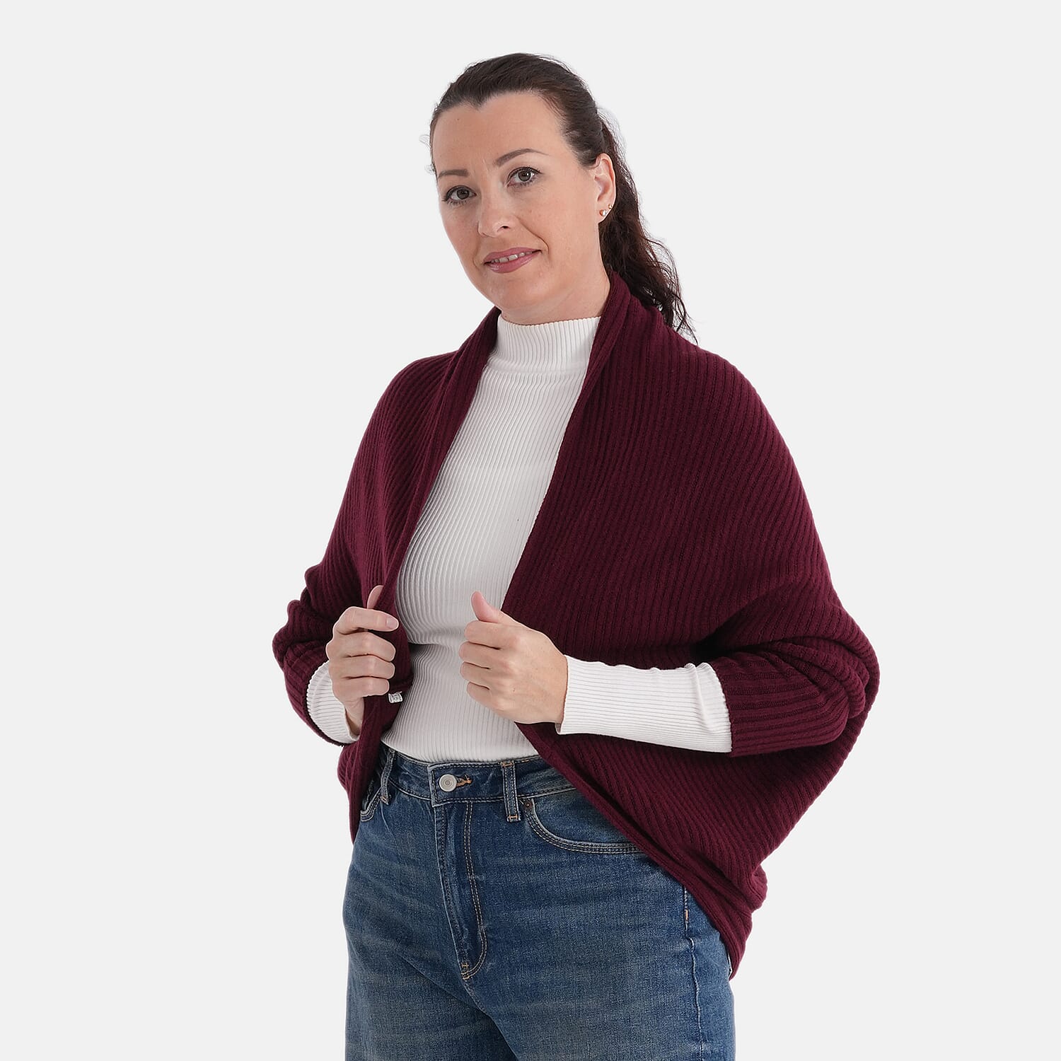 La Marey Burgundy Floral Embroidered Knit Ruana - One Size Fits Most