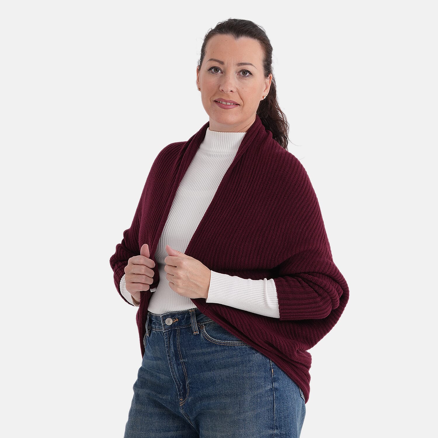 La Marey Burgundy Floral Embroidered Knit Ruana - One Size Fits Most