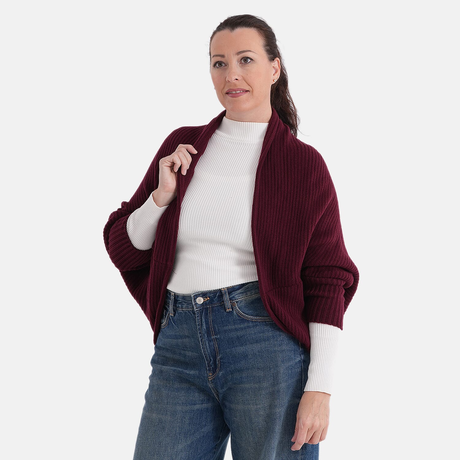 La Marey Burgundy Floral Embroidered Knit Ruana - One Size Fits Most