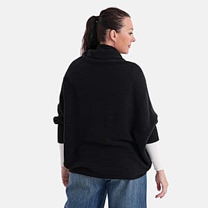 LA MAREY Black Floral Embroidered Knit Ruana - One Size Fits Most