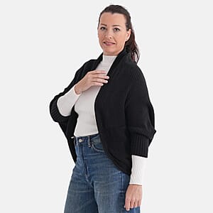 LA MAREY Black Floral Embroidered Knit Ruana - One Size Fits Most