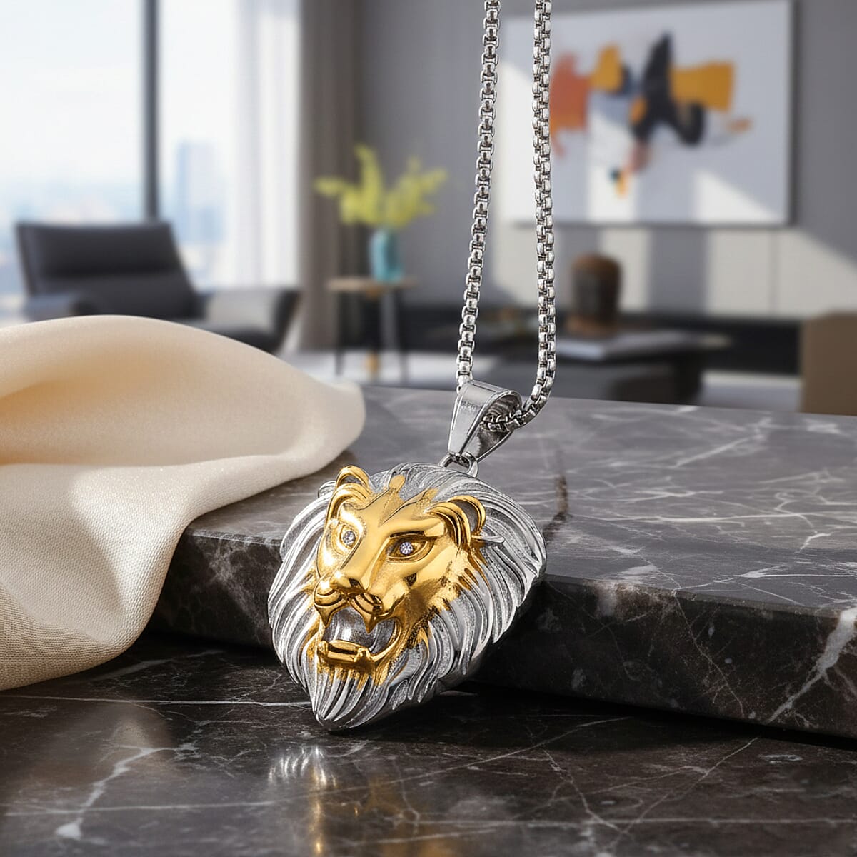 Austrian Crystal Lion Head Pendant Necklace in ION Plated YG and Stainless Steel 24 Inches  image number 1