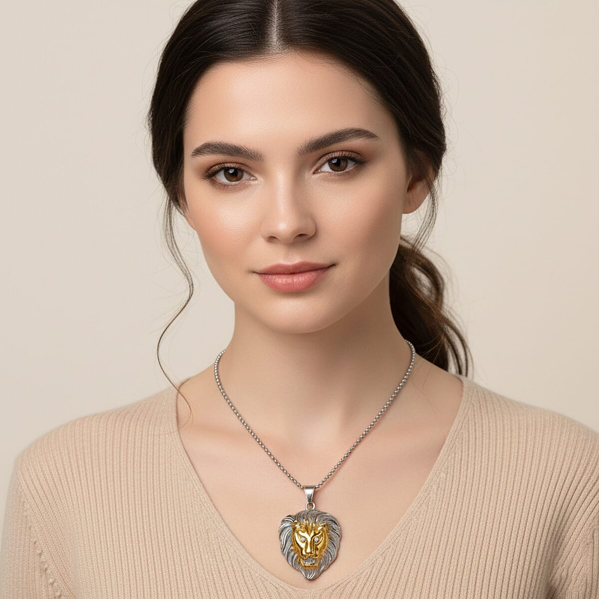 Austrian Crystal Lion Head Pendant Necklace in ION Plated YG and Stainless Steel 24 Inches  image number 2