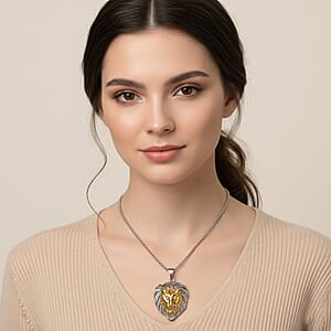 Austrian Crystal Lion Head Pendant Necklace in ION Plated YG and Stainless Steel 24 Inches 