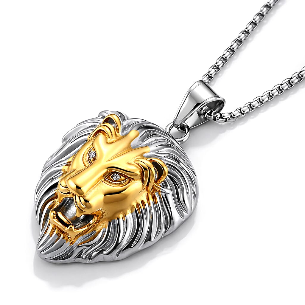 Austrian Crystal Lion Head Pendant Necklace in ION Plated YG and Stainless Steel 24 Inches