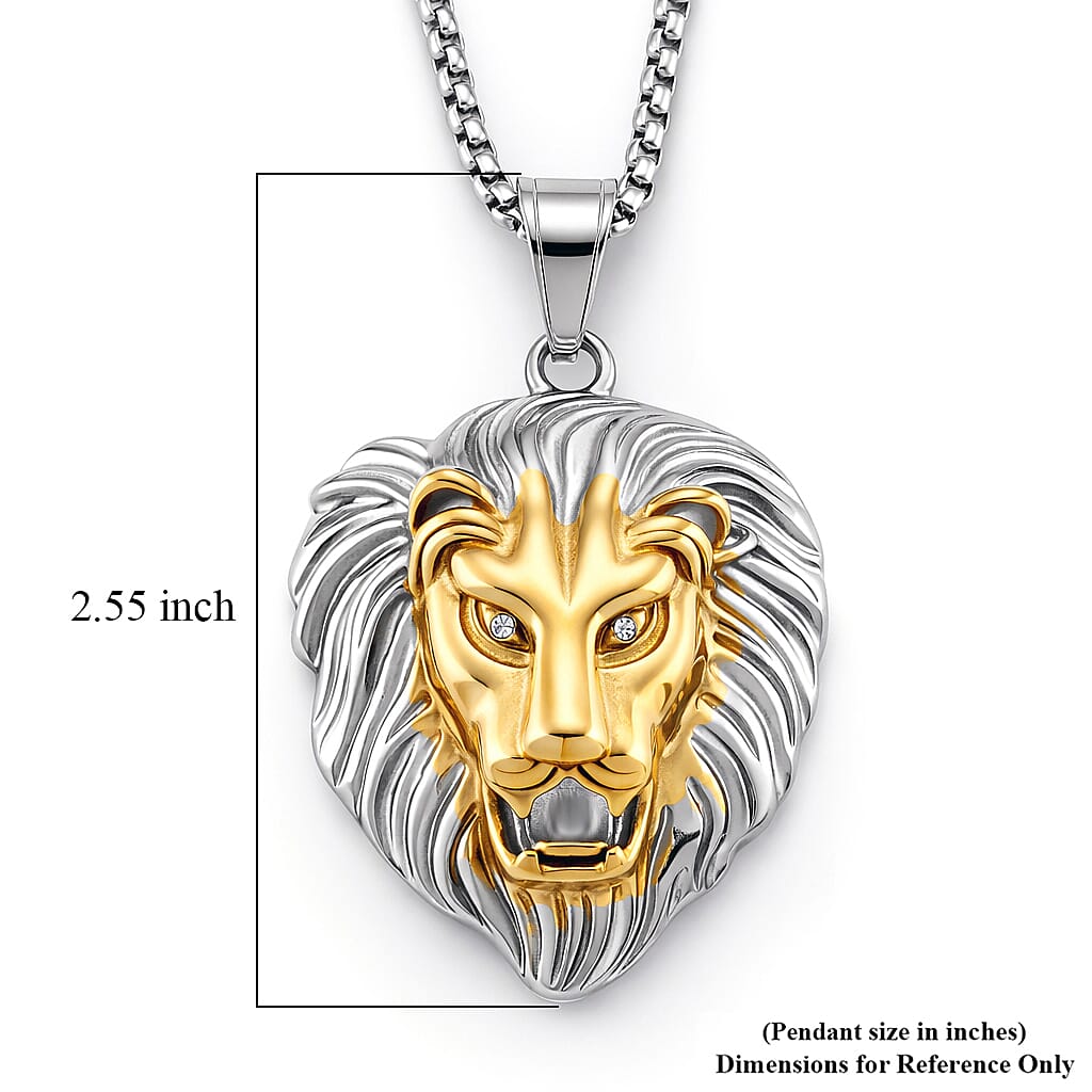 Austrian Crystal Lion Head Pendant Necklace in ION Plated YG and Stainless Steel 24 Inches