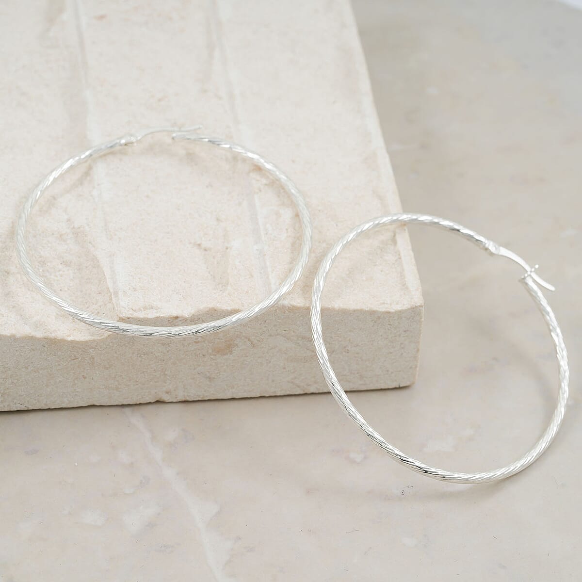 Sterling Silver 50mm x 1.9mm Twisted Lines Hoop Earrings 5 Grams image number 1