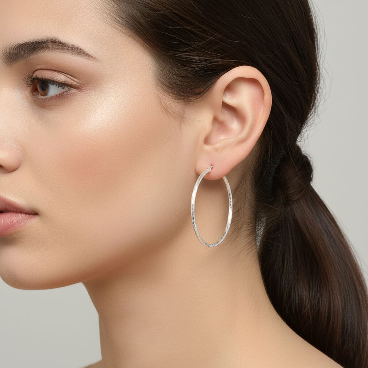 Sterling Silver 50mm x 1.9mm Twisted Lines Hoop Earrings 5 Grams image number 2