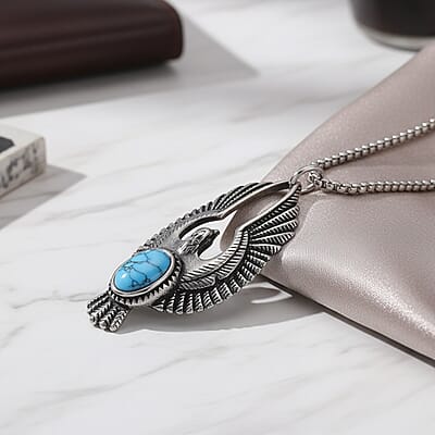 Blue Howlite 1.00 ctw Pendant Necklace in Black Oxidized and Stainless Steel 24 Inches 
