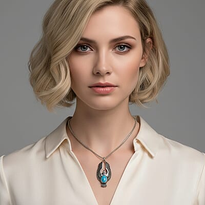 Blue Howlite 1.00 ctw Pendant Necklace in Black Oxidized and Stainless Steel 24 Inches 