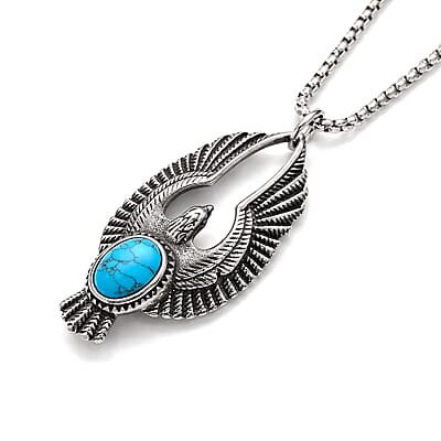 Blue Howlite 1.00 ctw Pendant Necklace in Black Oxidized and Stainless Steel 24 Inches 