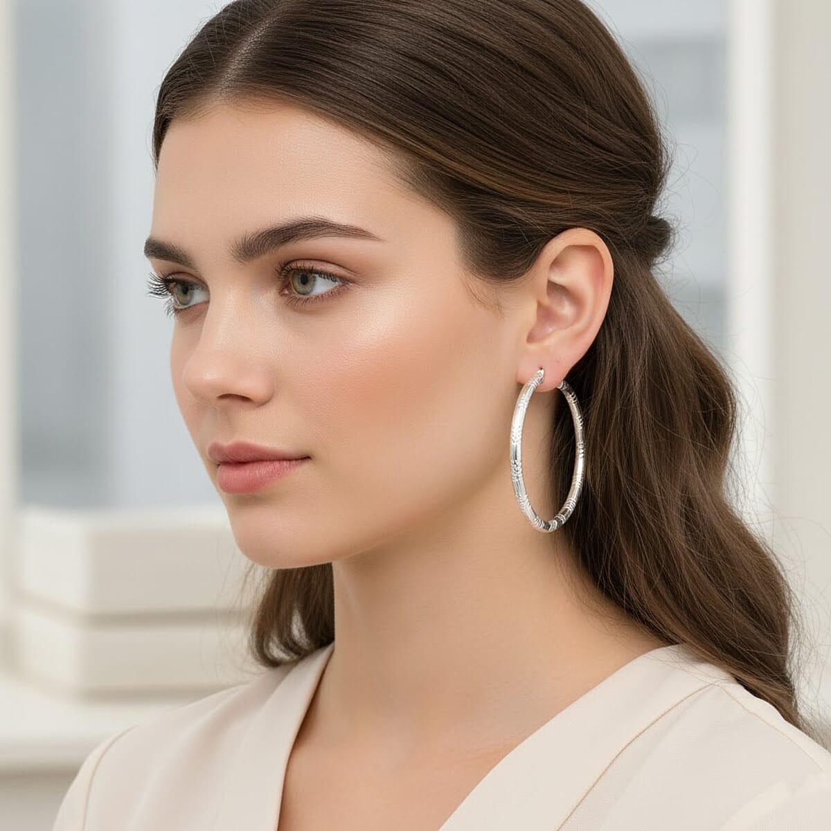 Sterling Silver 60x4mm Station Groove Hoop Earrings 12.6 Grams image number 1