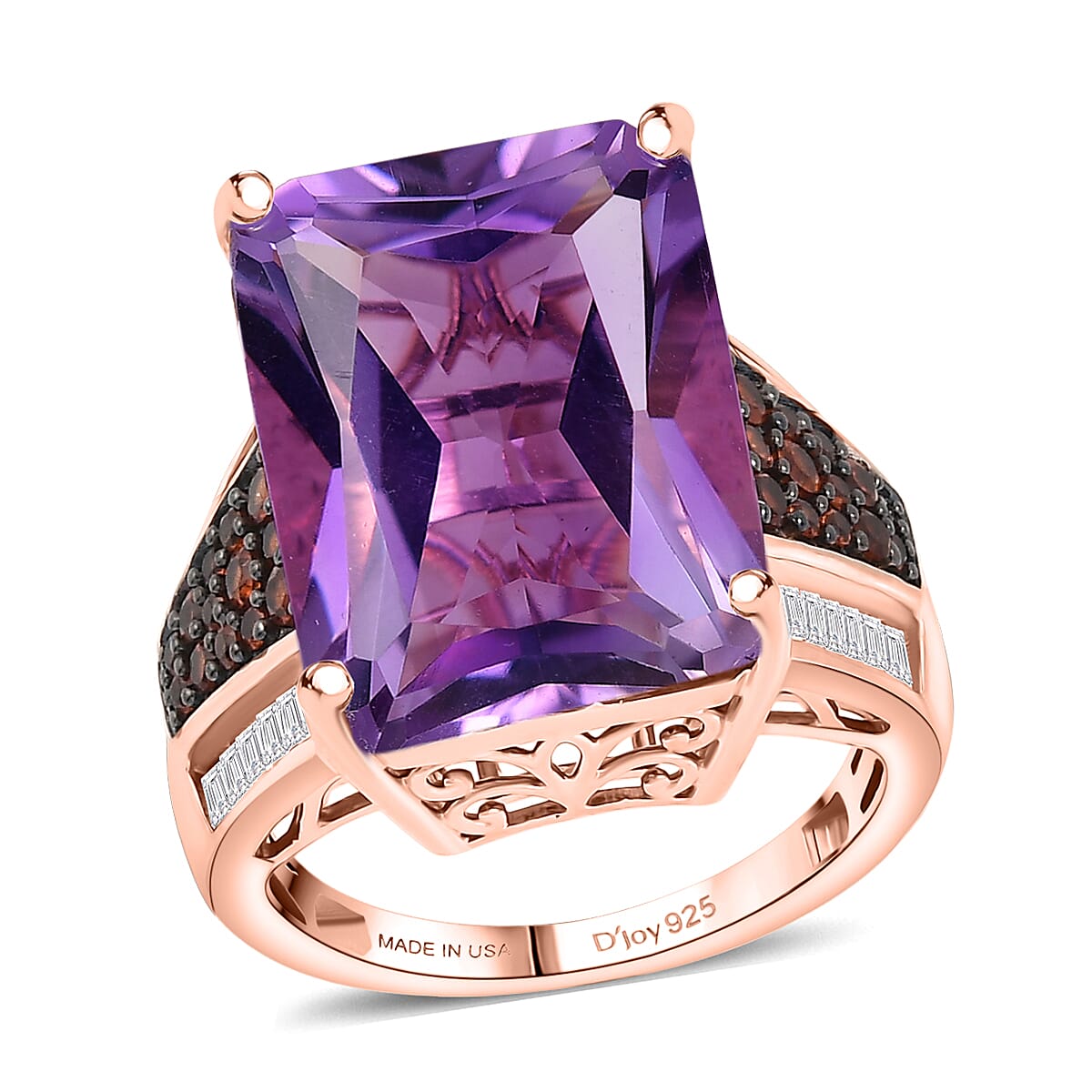 D'Joy Premium Rose De France Amethyst, Multi Gemstone Crown of the Two Forces Ring in 18K Vermeil RG Over Sterling Silver (Size 10.0) 15.00 ctw
