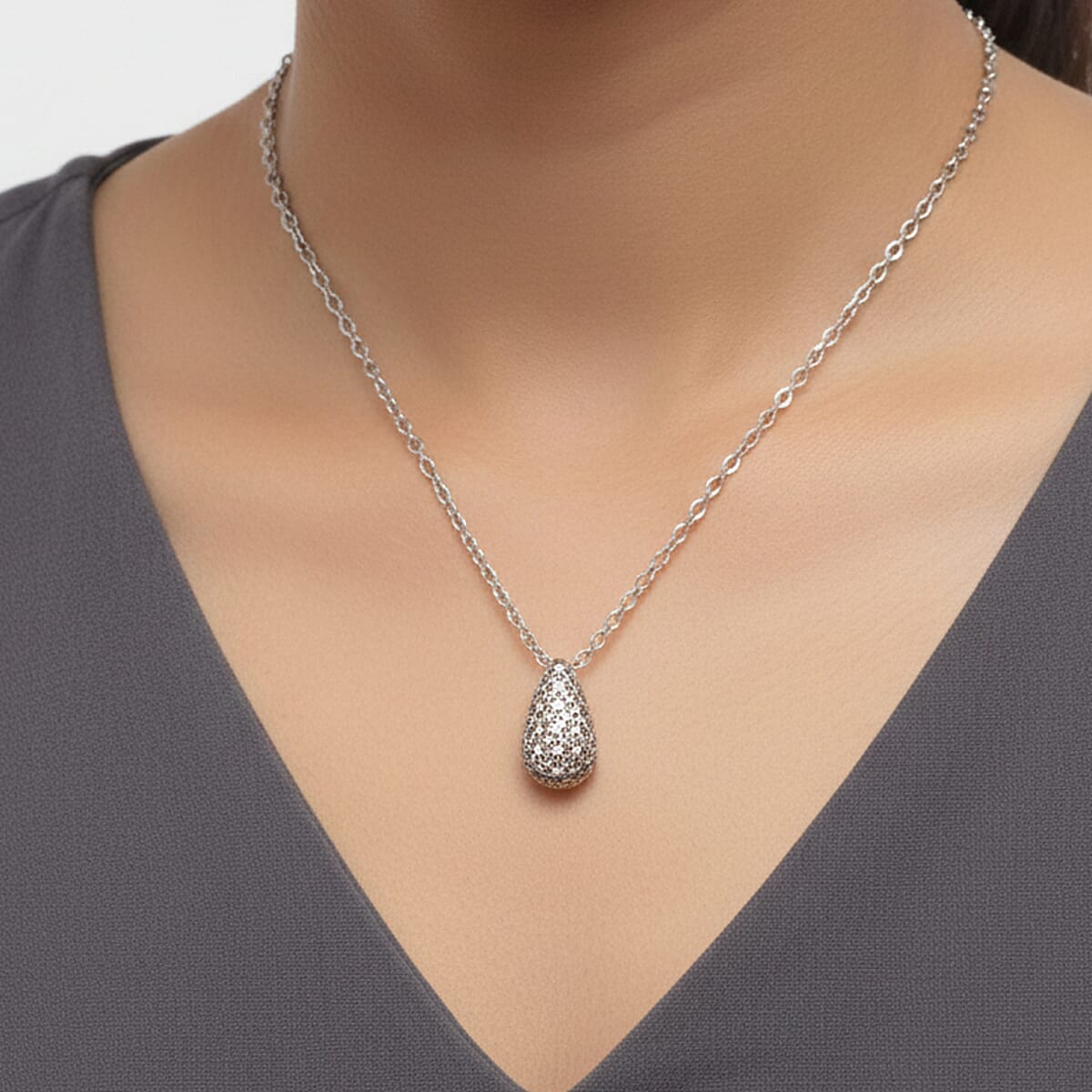 D'Joy Simulated Diamond Teardrop Necklace in Rhodium Over Sterling Silver (18 Inches) image number 2